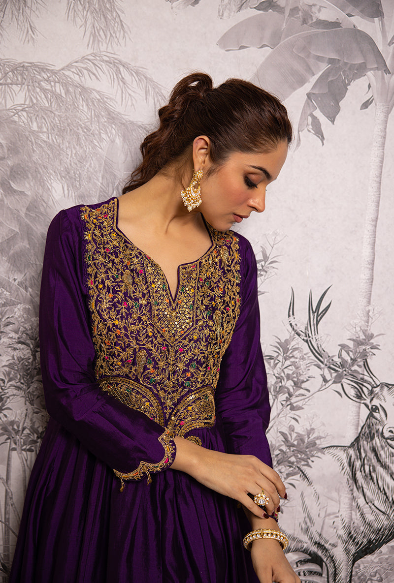 Purple Bird Embroidered Shaheen Front Pleat Kurta Set