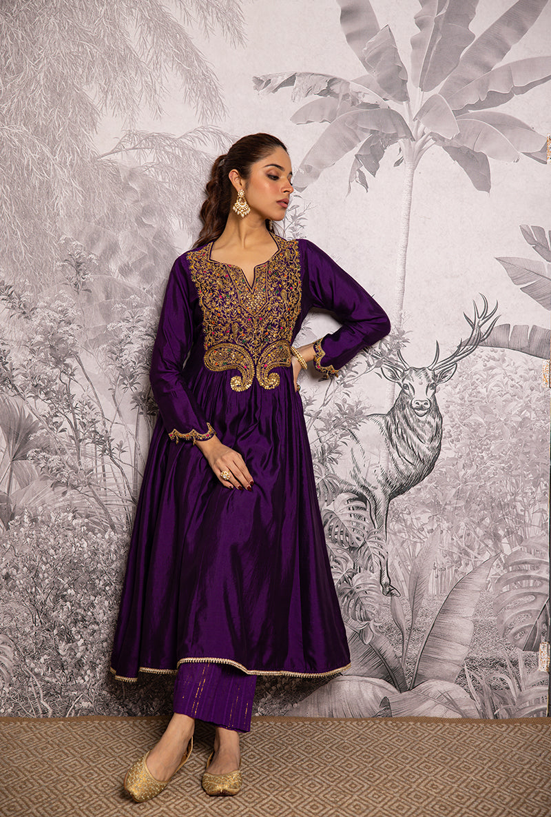 Purple Bird Embroidered Shaheen Front Pleat Kurta Set