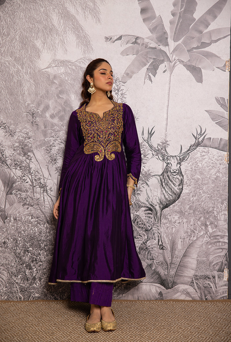 Purple Bird Embroidered Shaheen Front Pleat Kurta Set