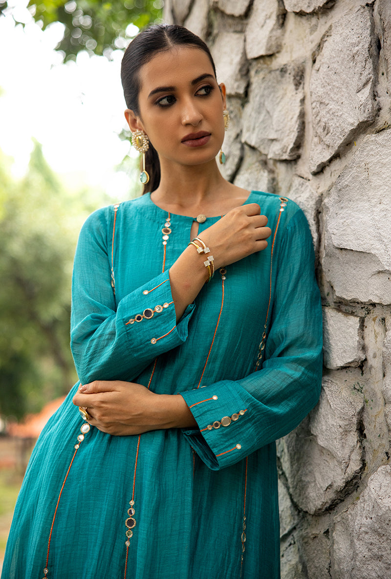 Turquoise Stripe Mirror Work Dor Kurta Set