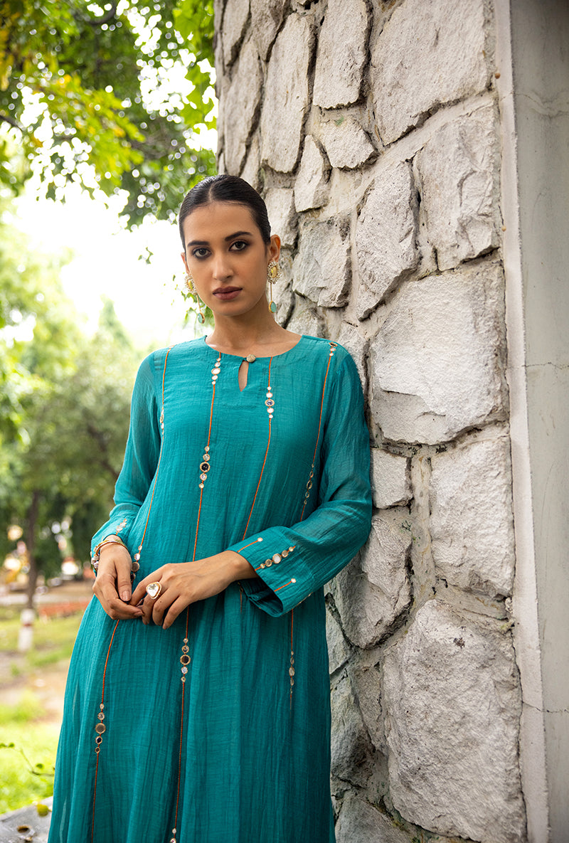 Turquoise Stripe Mirror Work Dor Kurta Set
