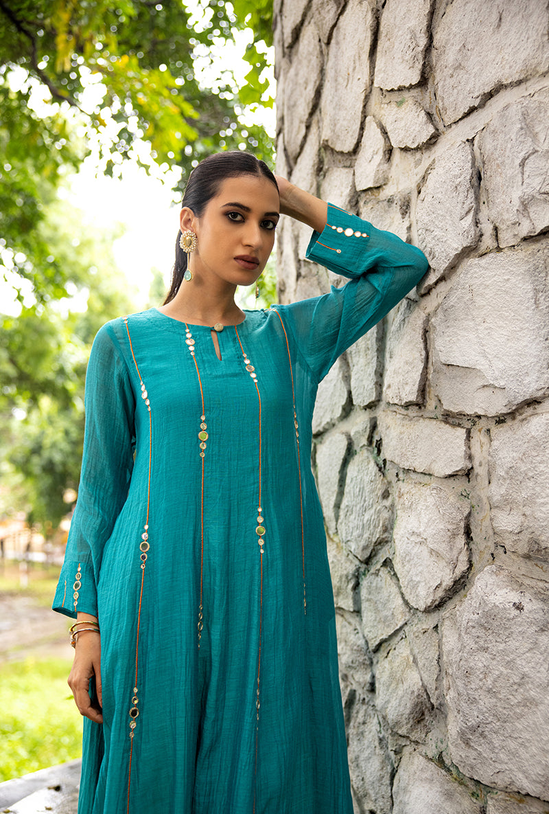 Turquoise Stripe Mirror Work Dor Kurta Set