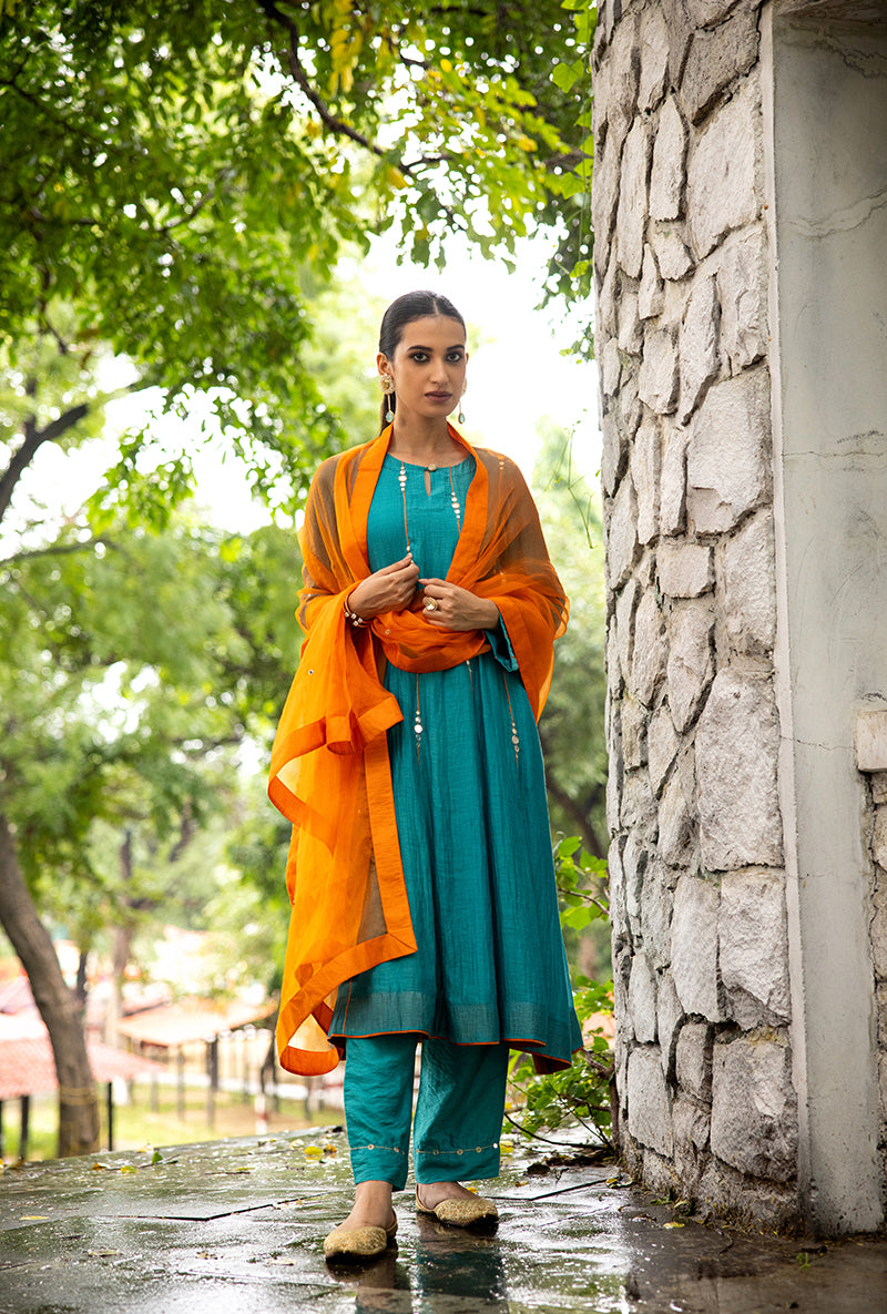 Turquoise Stripe Mirror Work Dor Kurta Set