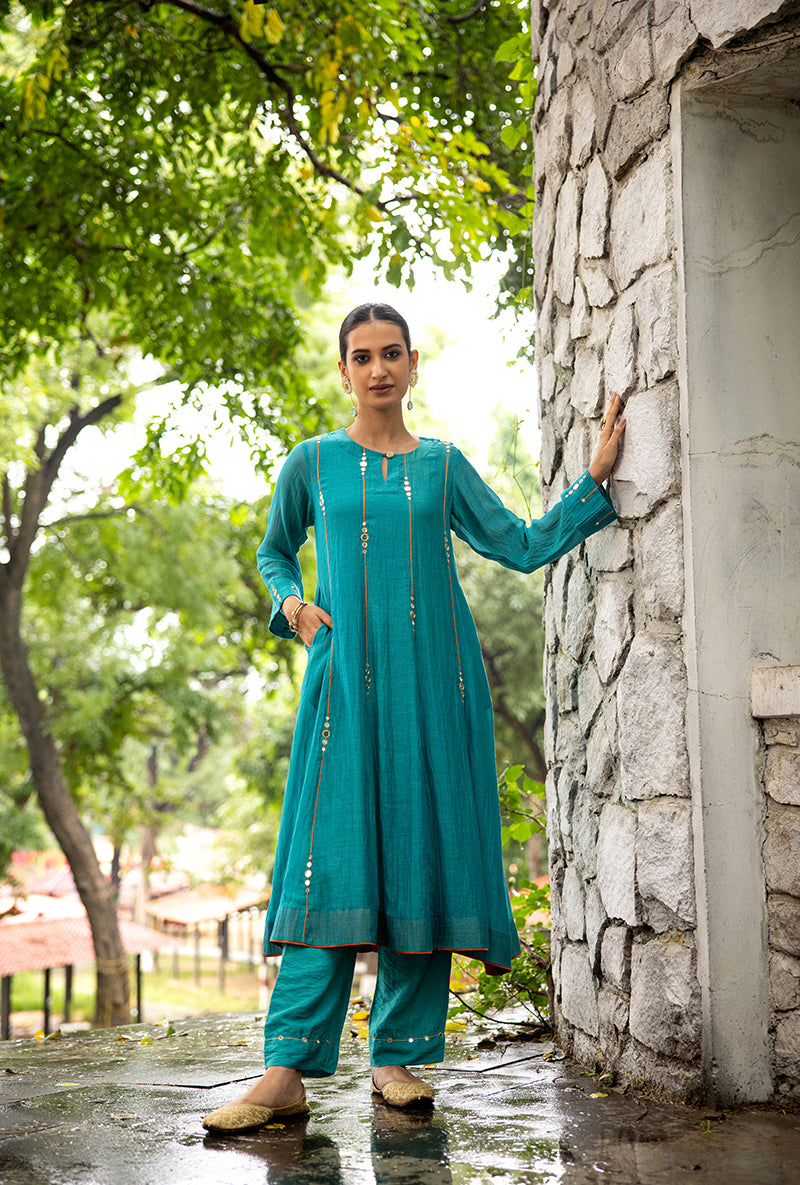 Turquoise Stripe Mirror Work Dor Kurta Set