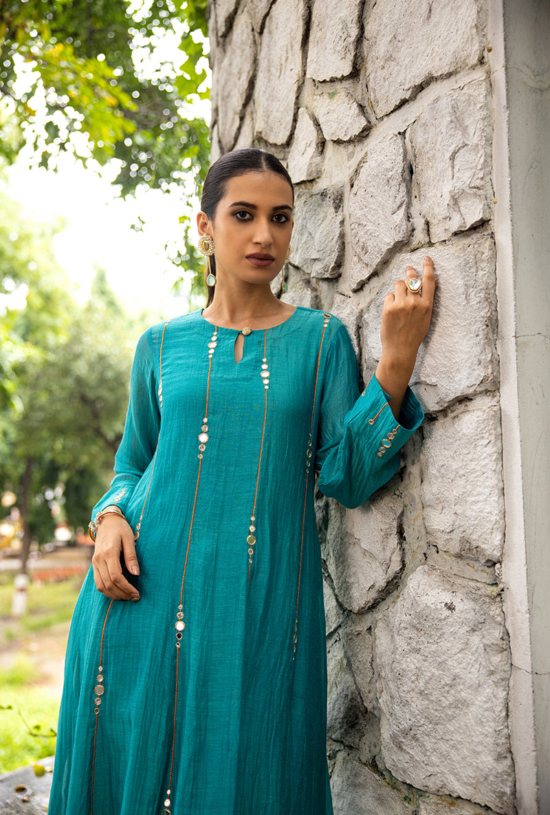 Turquoise Stripe Mirror Work Dor Kurta Set