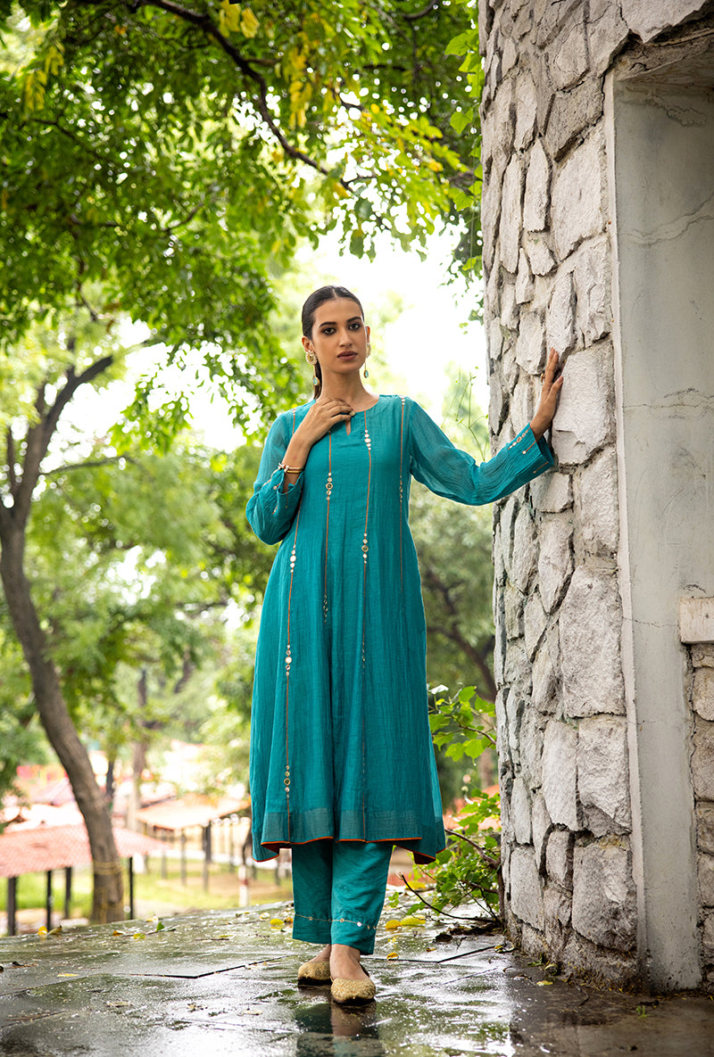 Turquoise Stripe Mirror Work Dor Kurta Set