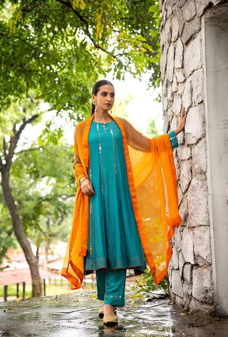Turquoise Stripe Mirror Work Dor Kurta Set