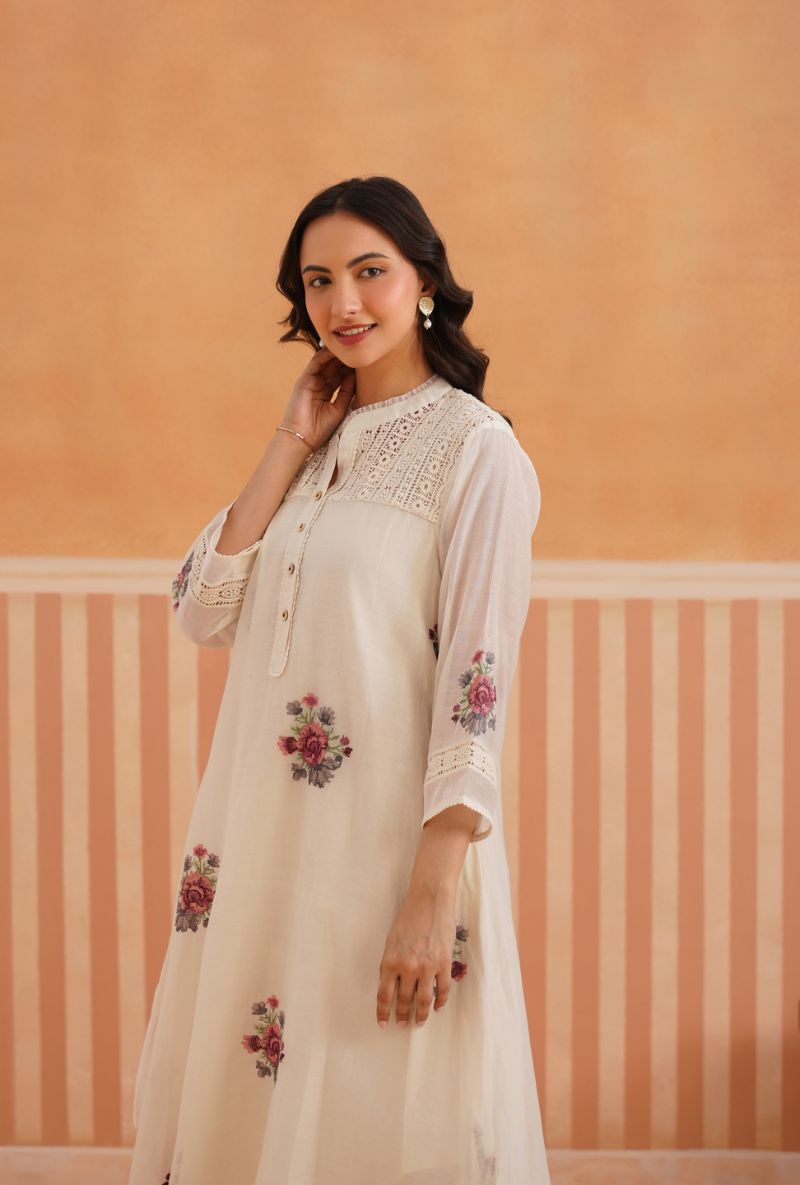 Off White Cross Stitch Embroidery Pehar Kurta Set