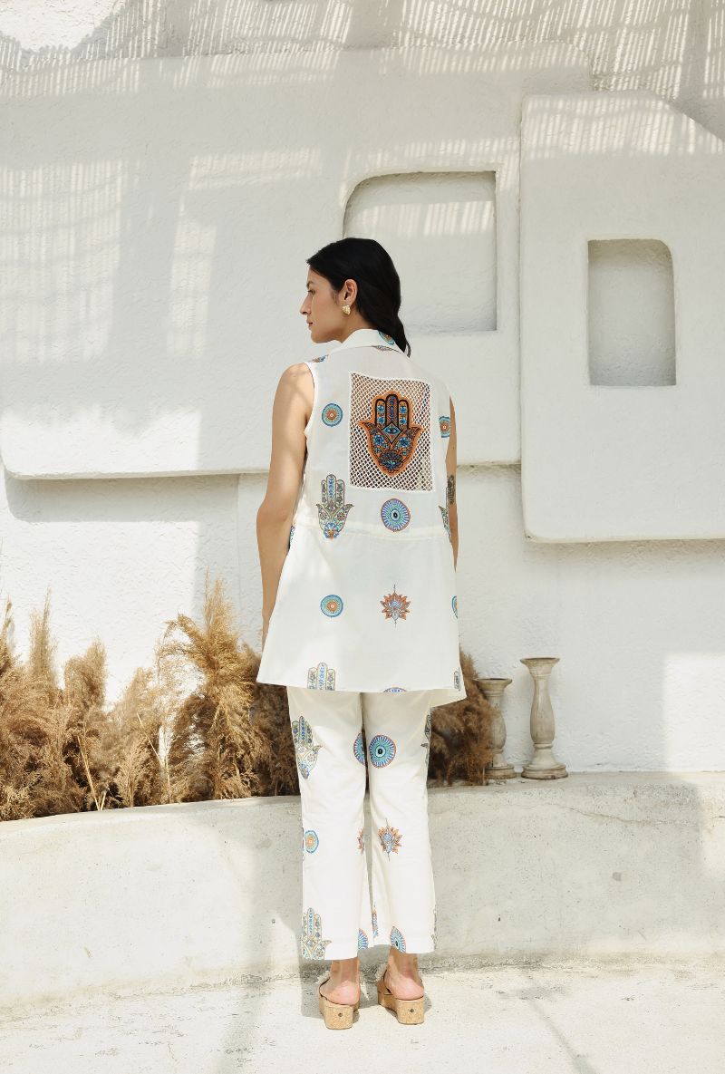 Ivory Hamza Print Gaze Jacket Set
