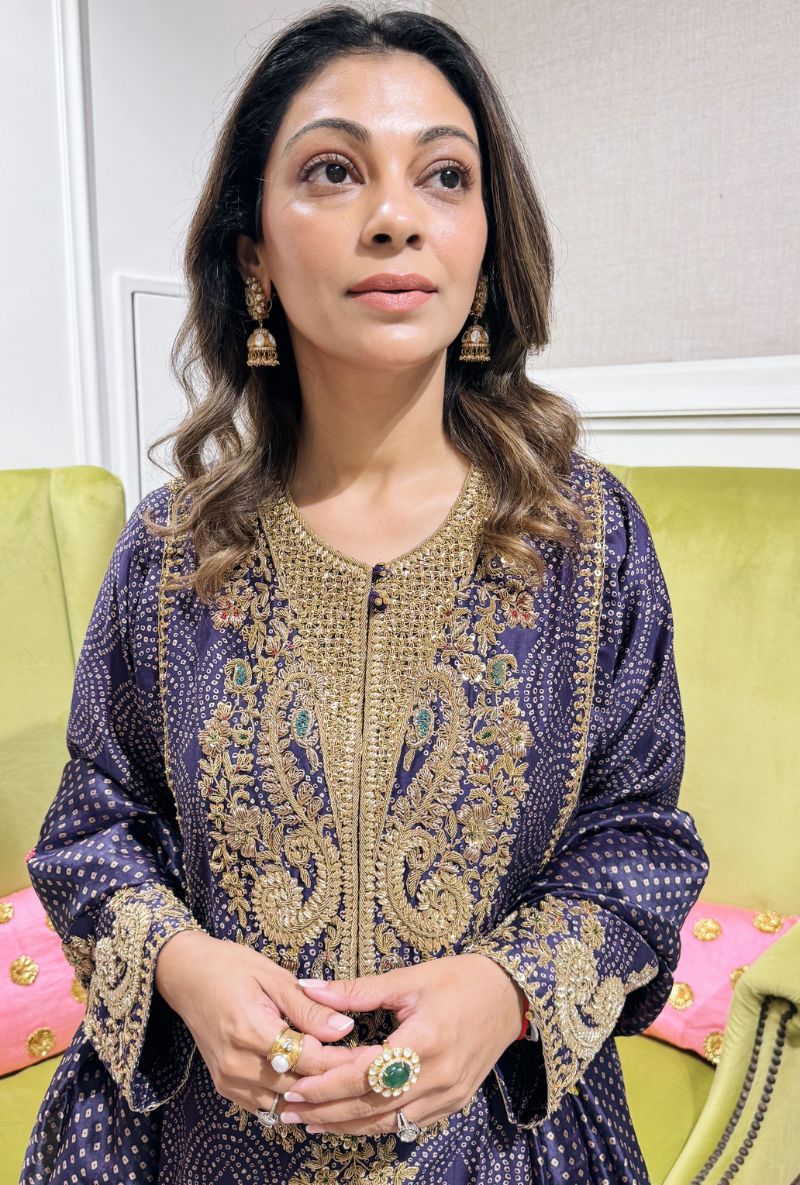 Meghna Nayyar in Purple Printed Pheran Short Kurta Set