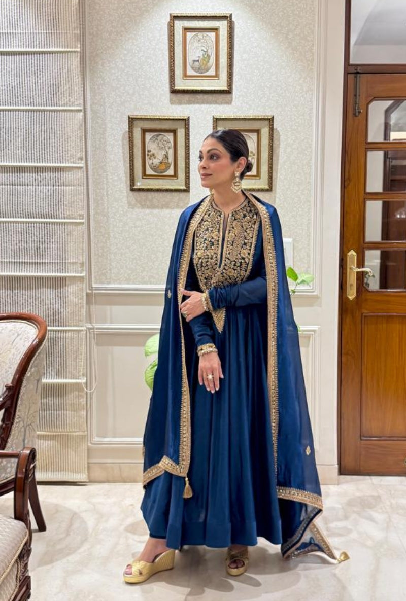Meghna Nayyar in Blue Embroidered Heavy Yoke Mehfil Anarakali Set