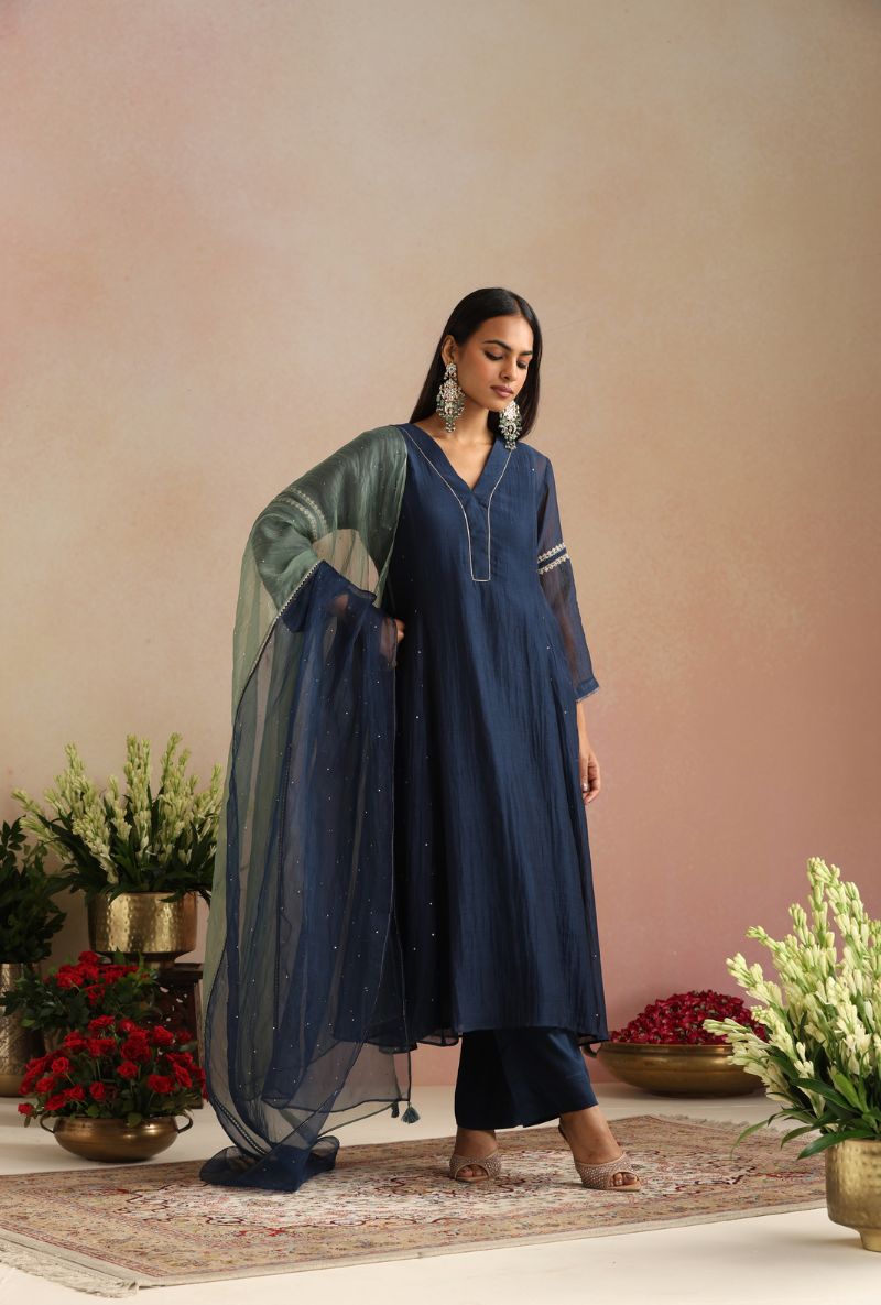 Navy Blue Zari Embroidery Itrh Kurta Set
