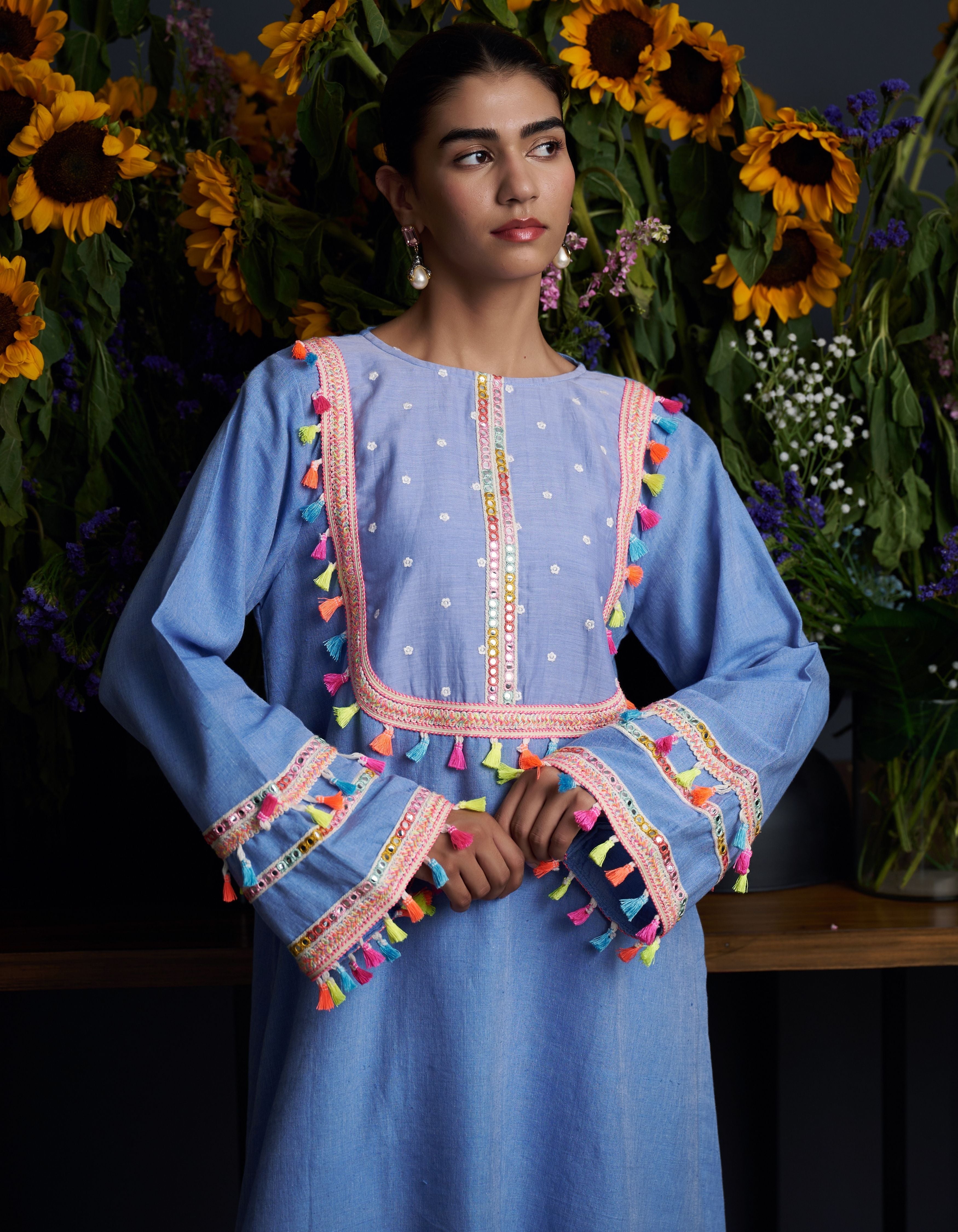 Periwinkle Blue Multi Colour Tassels Vrishti Nadia Kurta Set