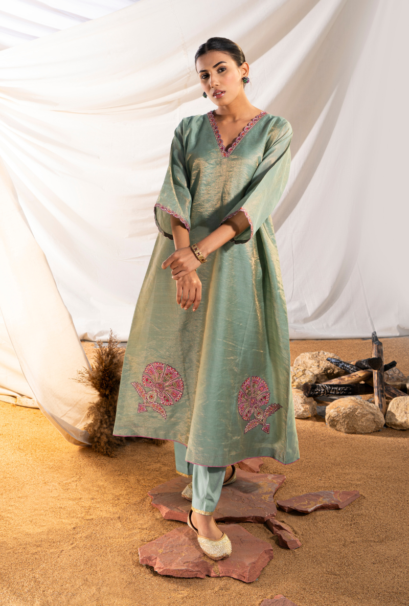 Sage Green Handloom Cotton Zari Tissue Embroidered Kiara Kurta Set