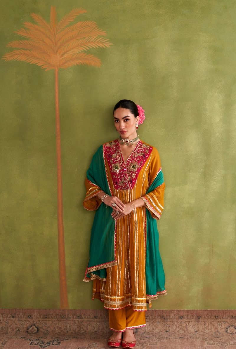 Mustard Embroidered Overlap Morbagh Kurta Set
