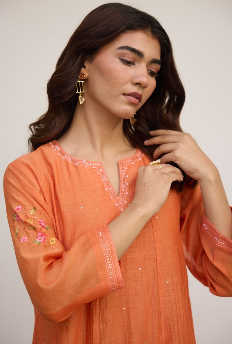 Orange Floral Embroidered with Applique Vaidehi Dress
