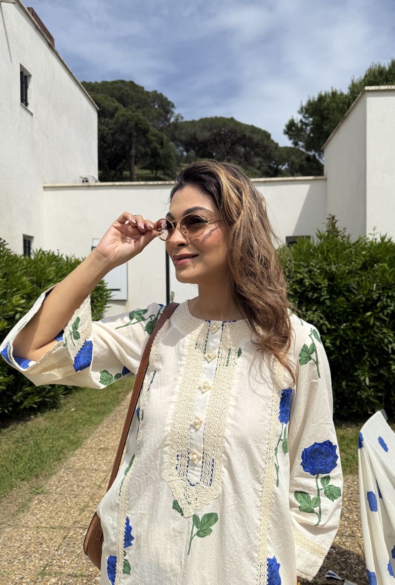 Meghna Nayyar in Off White Rose Print Bulbul Kurta Set
