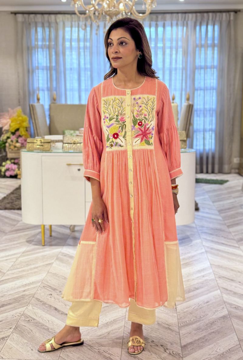 Meghna Nayyar in Peach Embroidered Yoke Jasmine Maple Dress Set