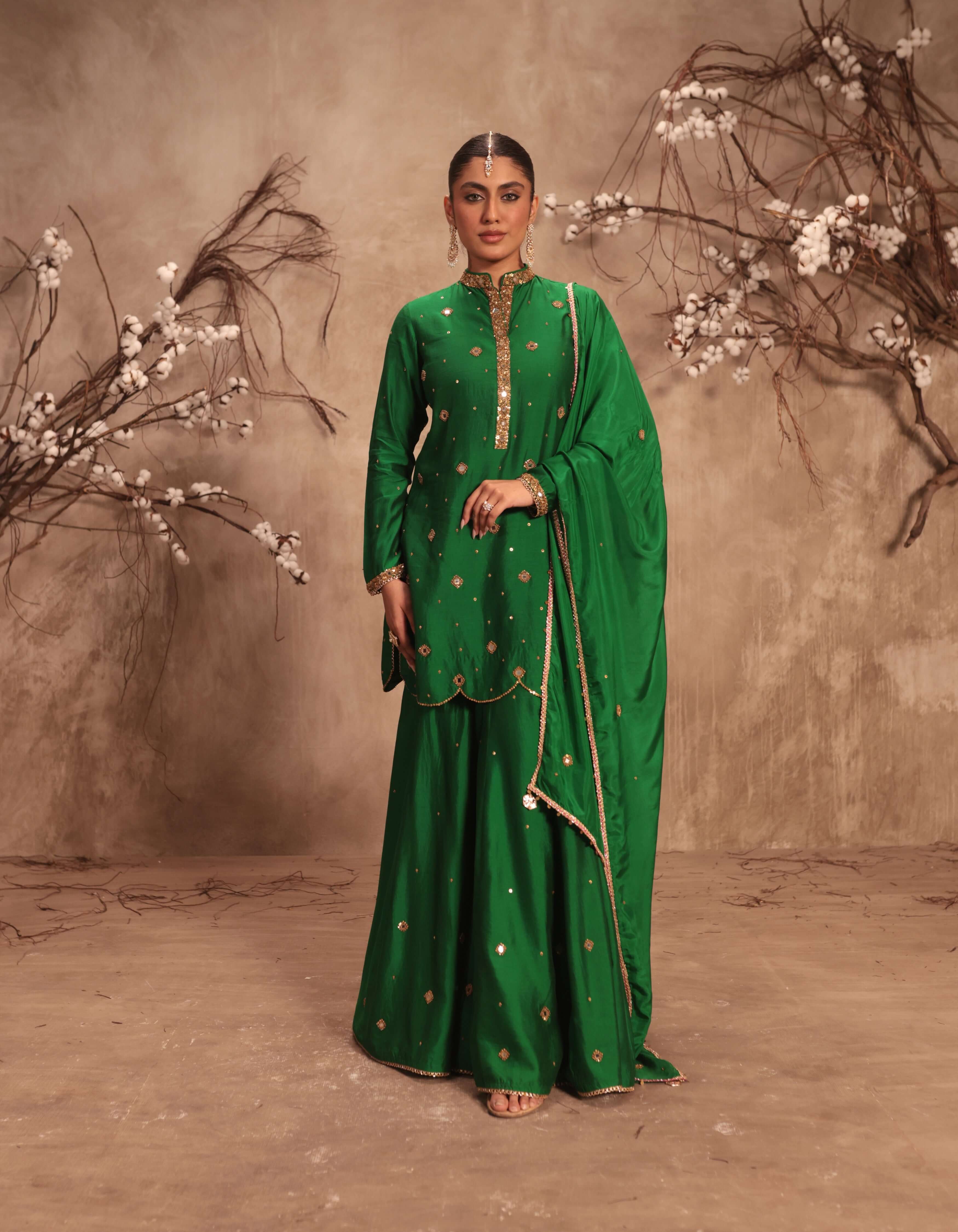 Green Mirror Work Rani Sharara Set