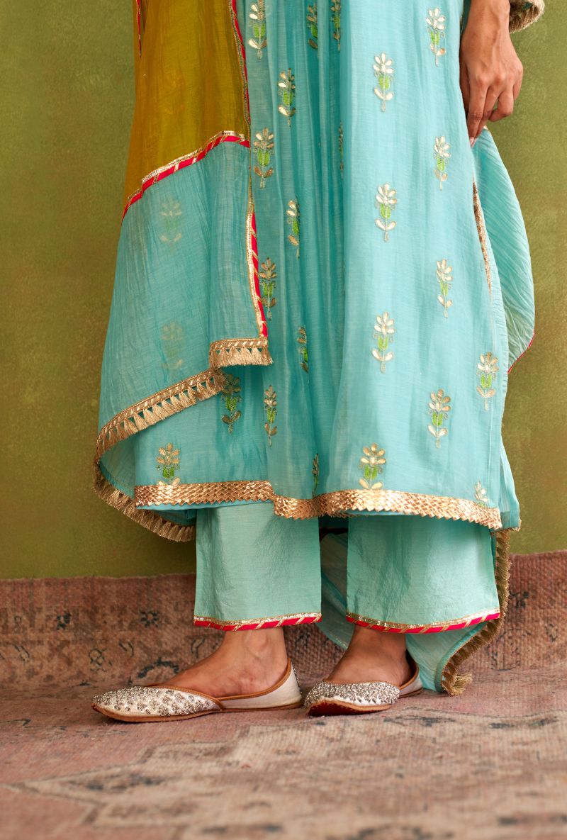 Aqua Embroidered Square Neck Morbagh Kurta Set