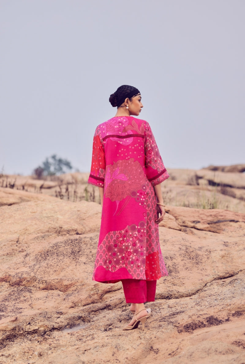 Hot Pink Hand Printed A-lIne Amber Kurta Set – Misri By Meghna Nayyar