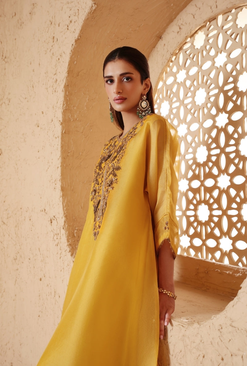 Yellow Heavy Yoke Kaftan Nihira Kurta Set