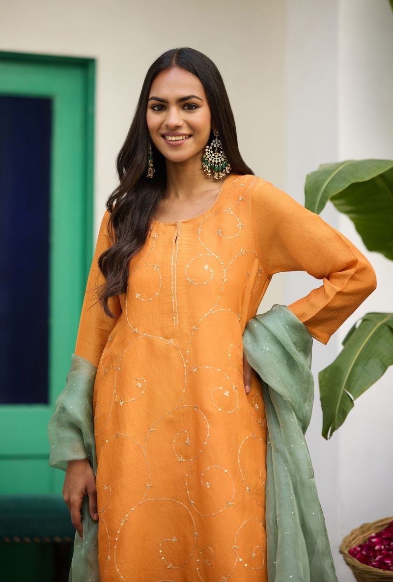 Orange All Over Zari &amp; Dabka Work Urvi Kurta Set