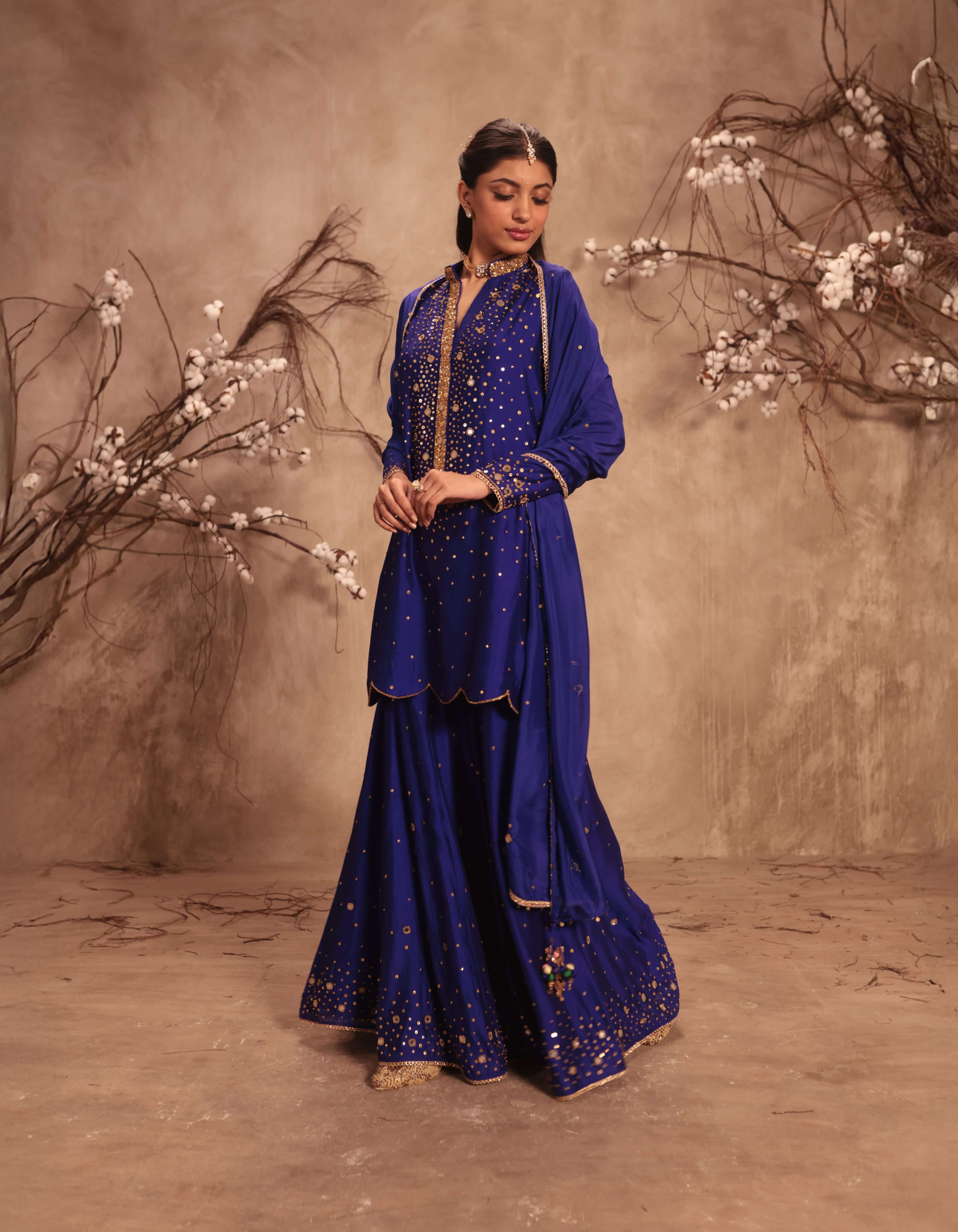 Indigo Heavy Mirror Work Rani Sharara Set