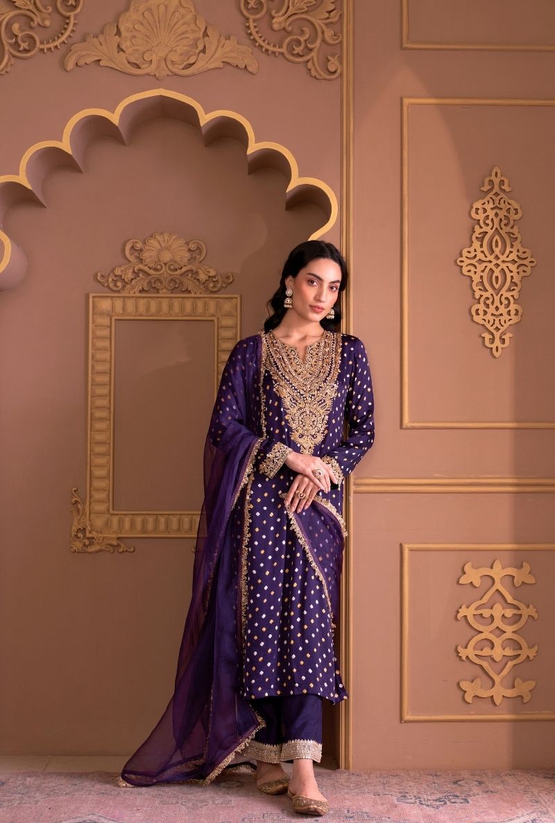 Purple Bandhej Rasia Kurta Set