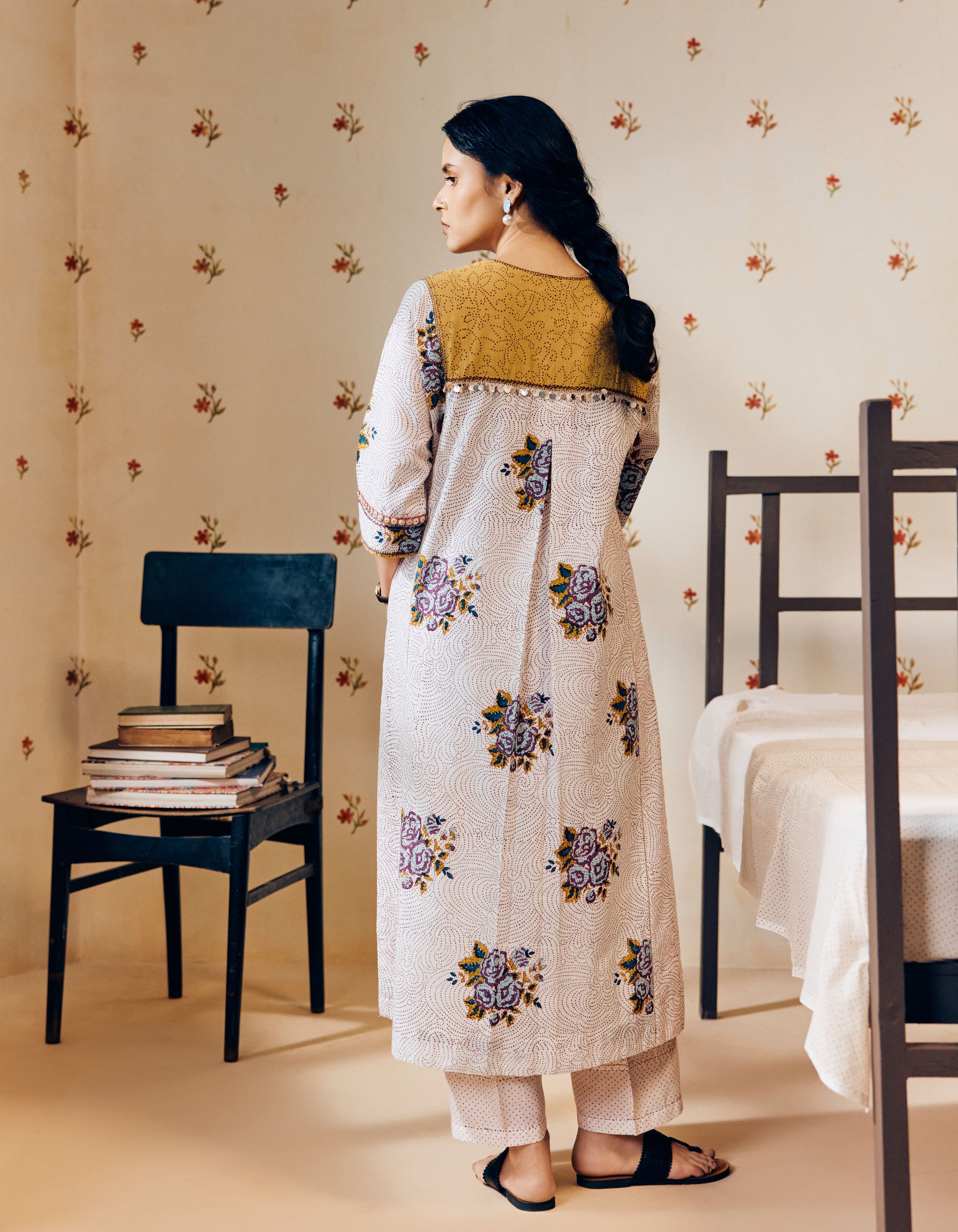 Off-White Rose Handblock Print Mia Kurta Set