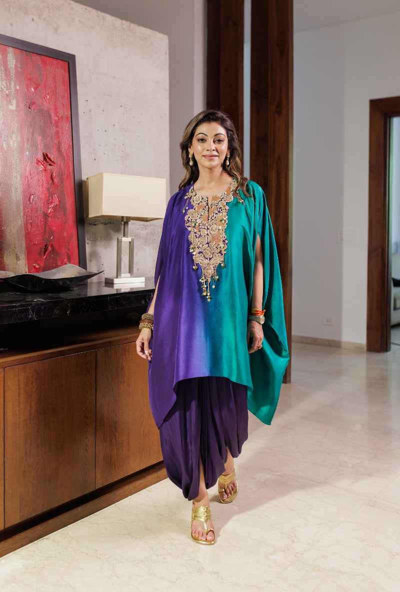 Meghna Nayyar in Purple &amp; Green Ombre Heavy Yoke Drape Dhoti Skirt Set