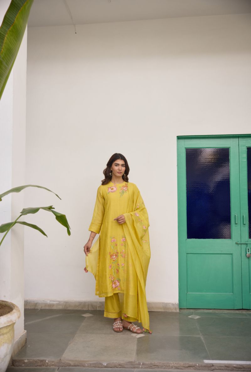 Yellow Resham Embroidered Floral Vaidehi Kurta Set
