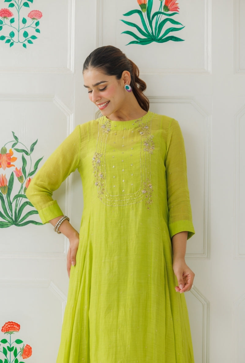 Lime Green Pitta Work Yoke Baani Kurta Set