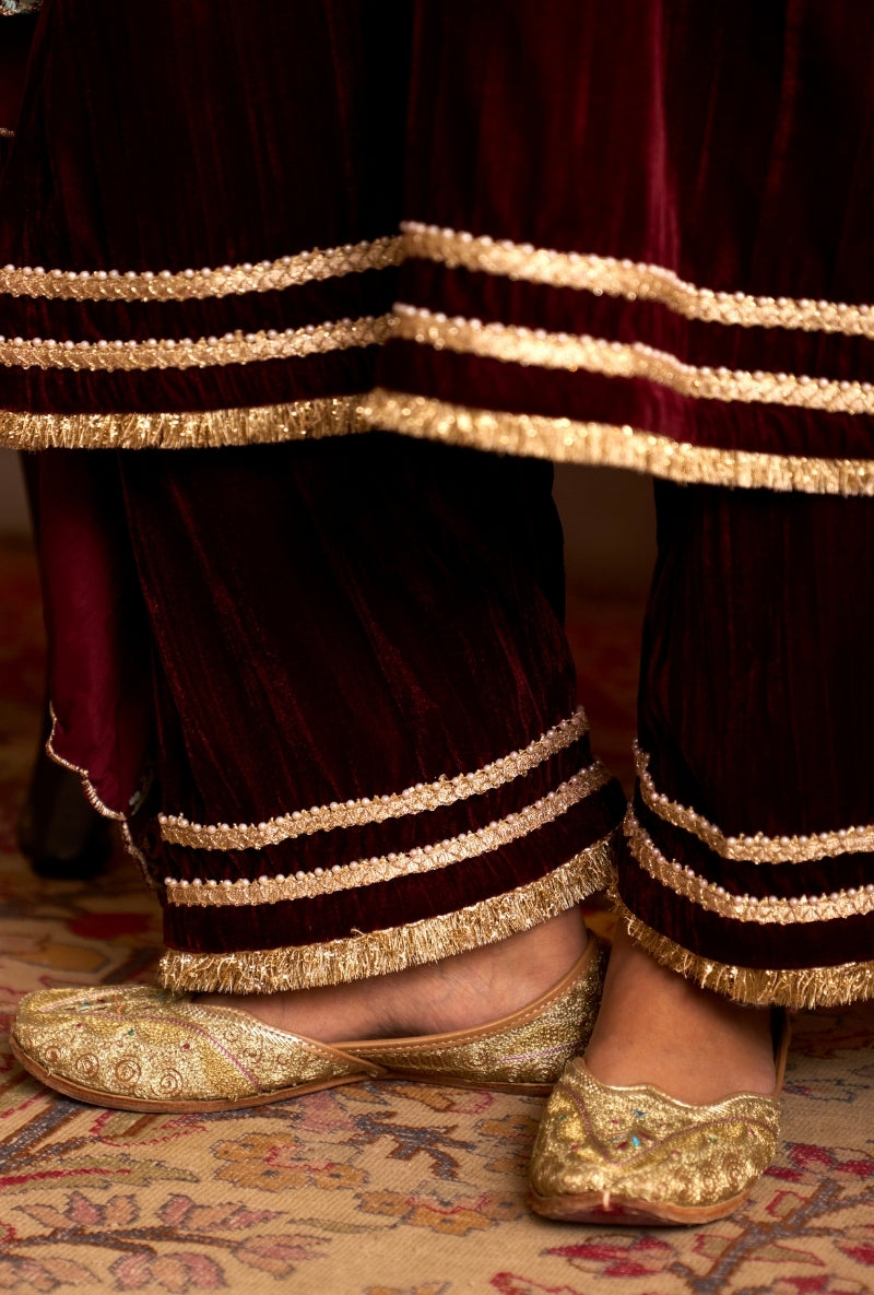 Wine Crushed Velvet Dilbar Kurta Set