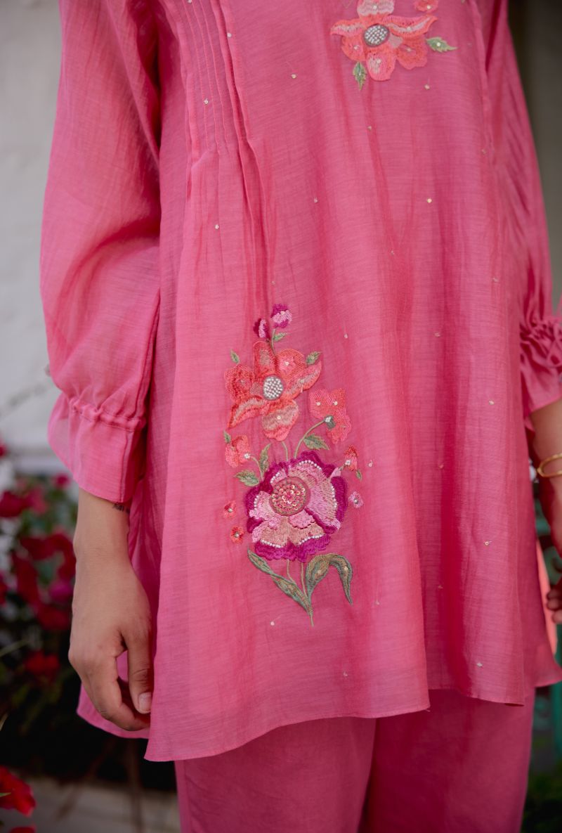 Pink Floral Embroidered With Pintucks Vaidehi Co-ord Set