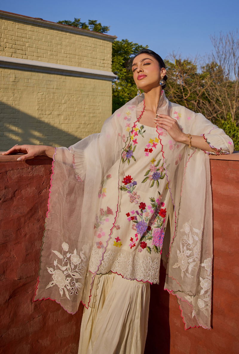 Ivory Hand Embroidery Cut Work Short Kurta Anaardana Gharara Set