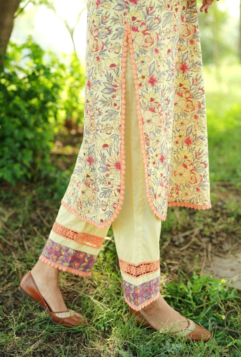 Light Yellow  V-Neck Handblock Straight Gulmohar Kurta Set