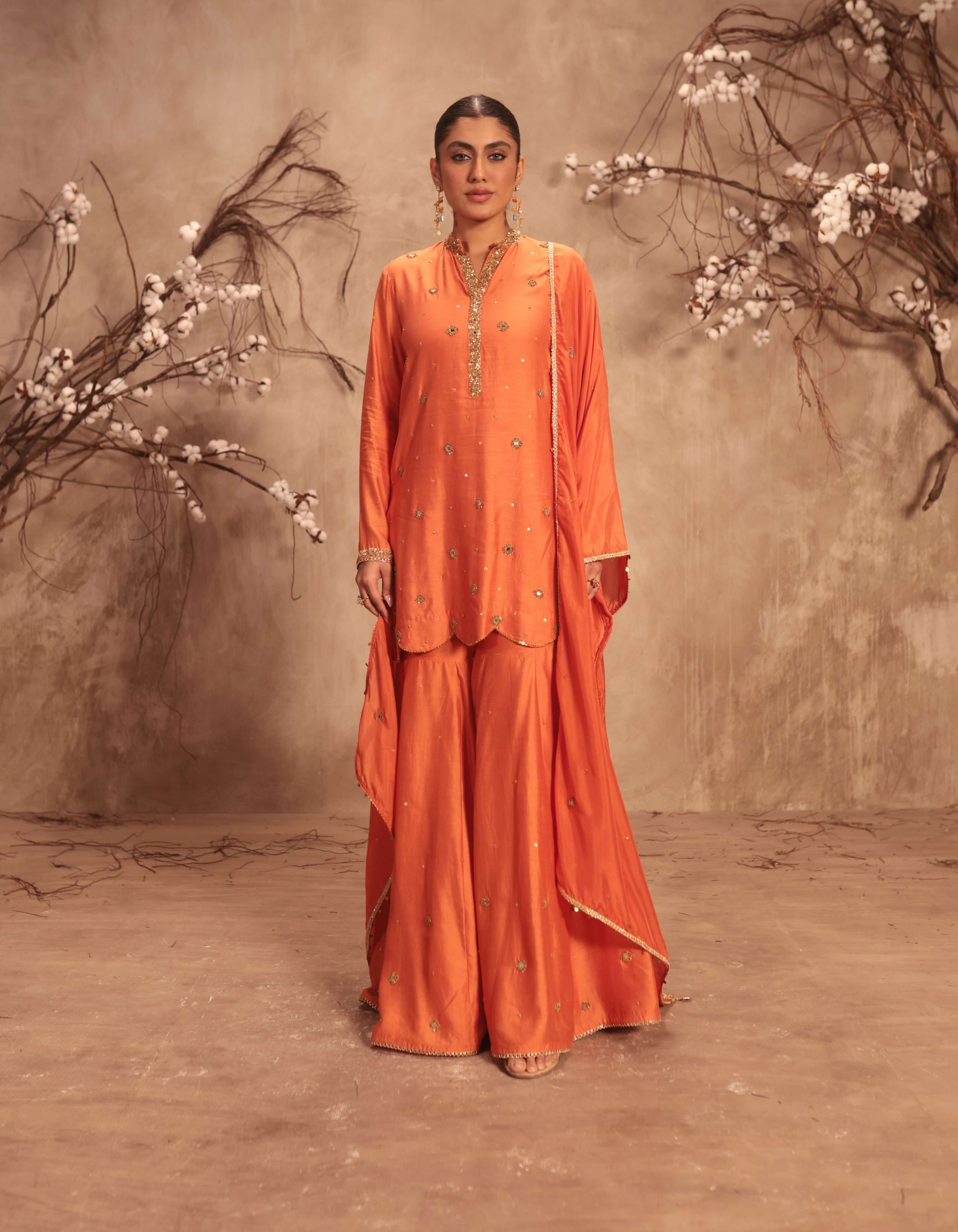 Orange Mirror Work Rani Sharara Set