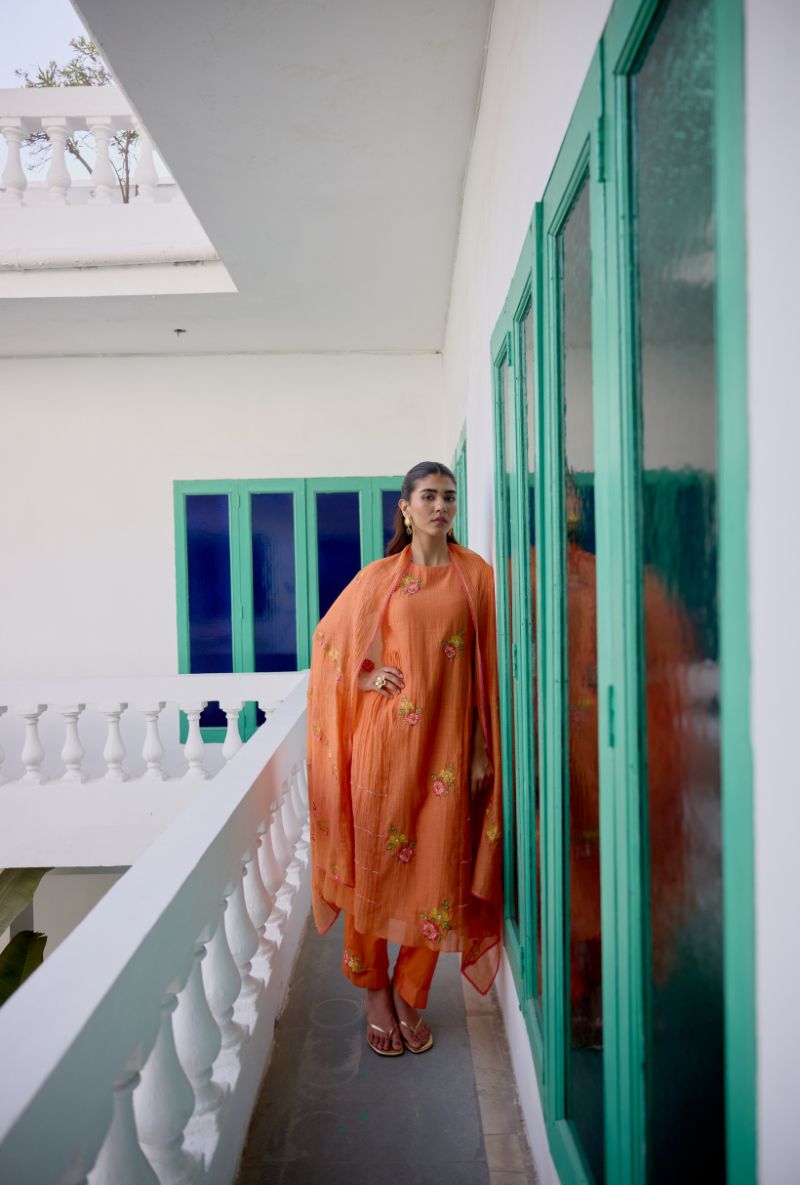 Orange Floral Embroidered Side Gather Vaidehi Kurta Set