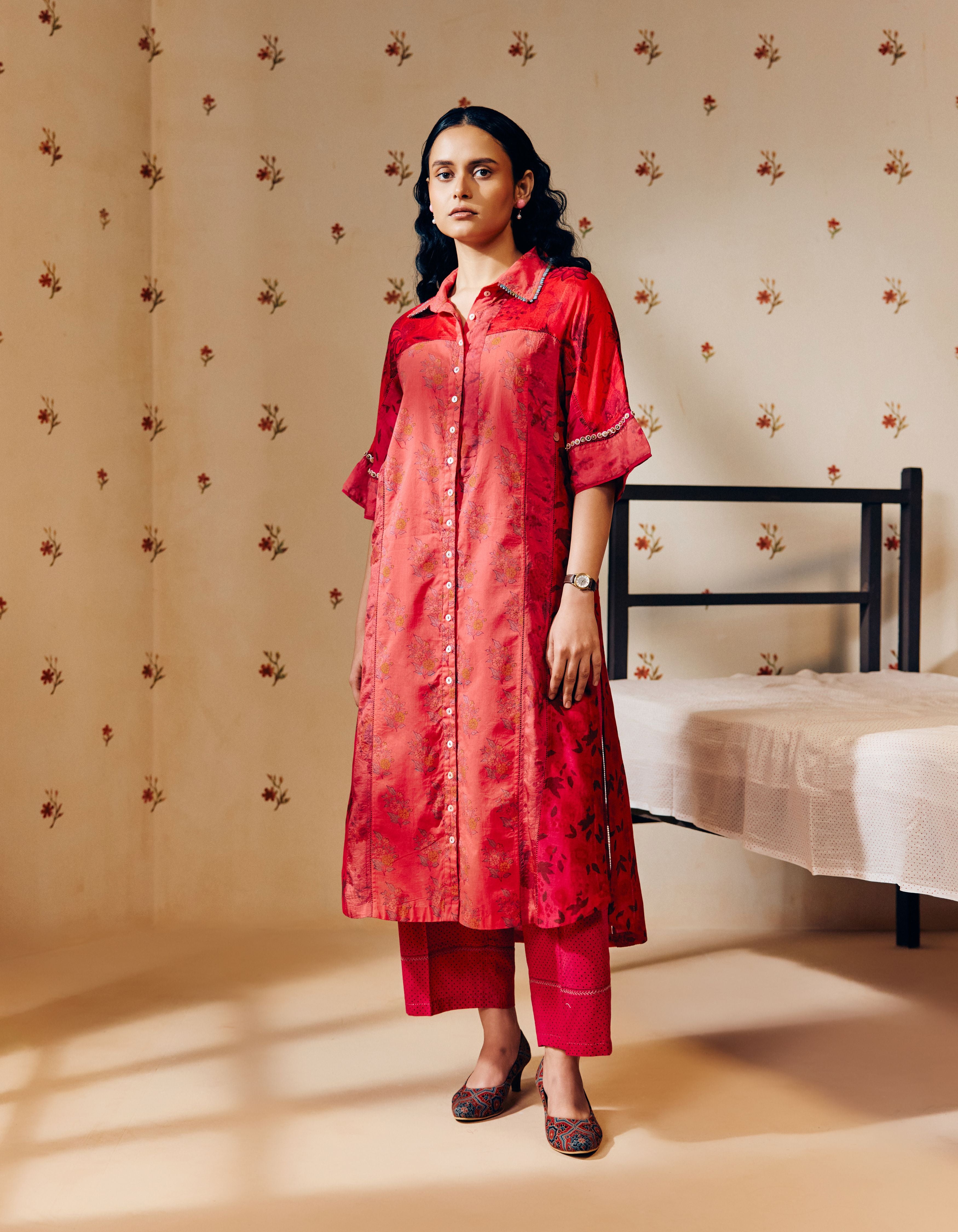 Rani Pink Hand Block Shirt Collar Printed Mia Kurta Set