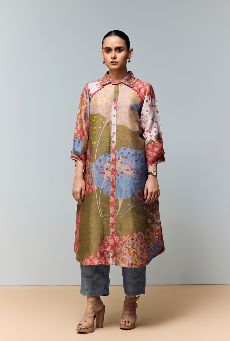 Ice Blue Hand Printed Shirt Collar Eden Co-Ord Set