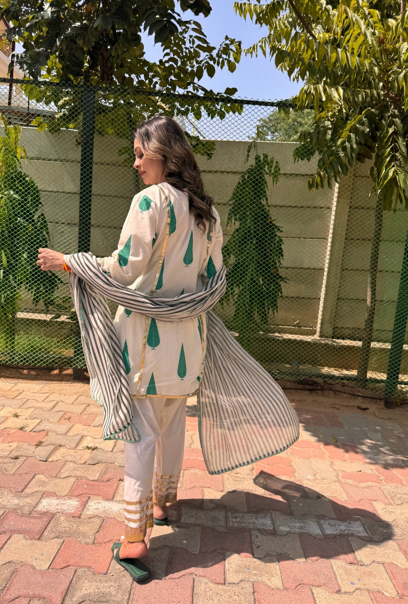 Meghna Nayyar in Cypress Leaf Hand Block Print Farshi Set