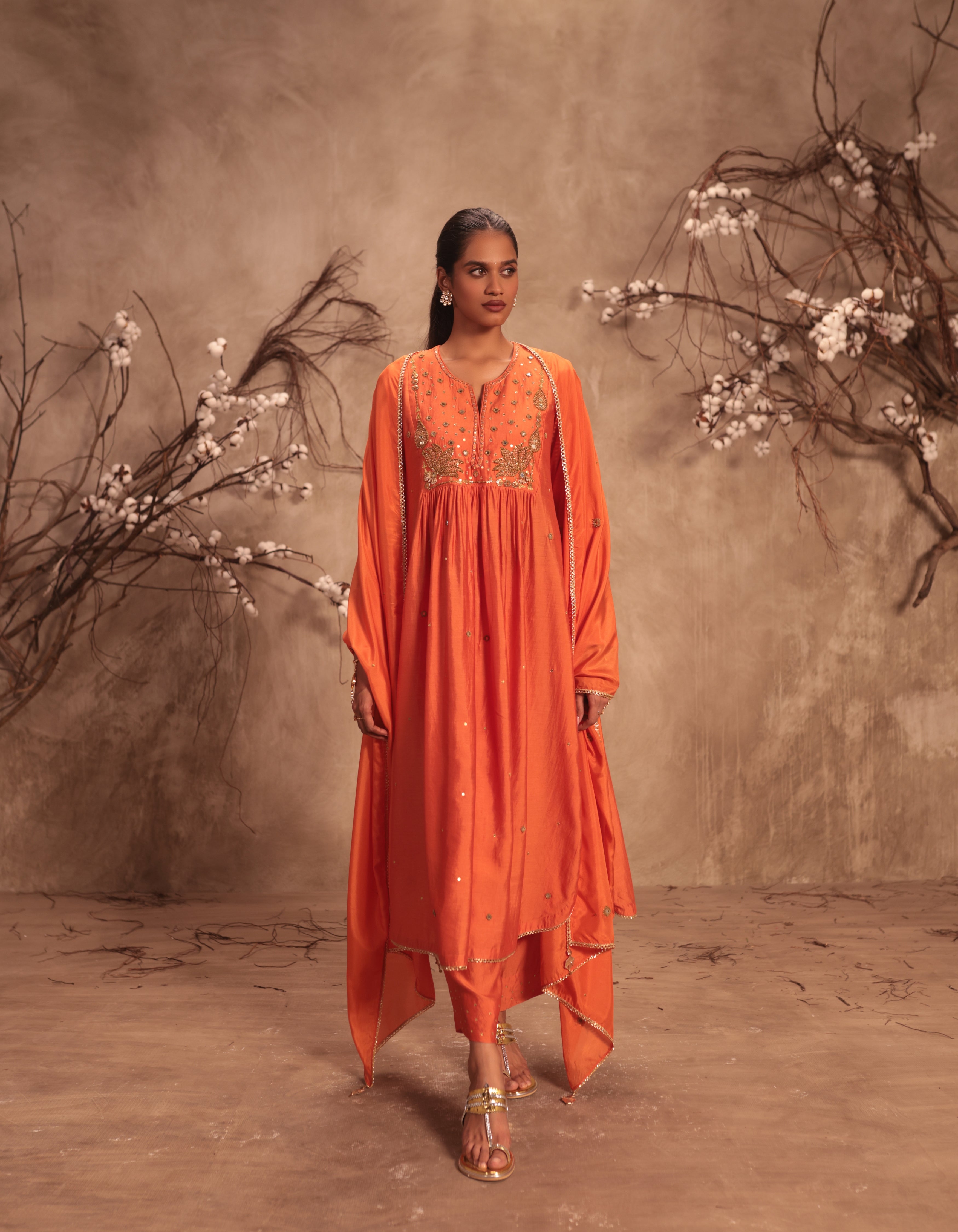 Orange Frockstyle Rani Kurta Set