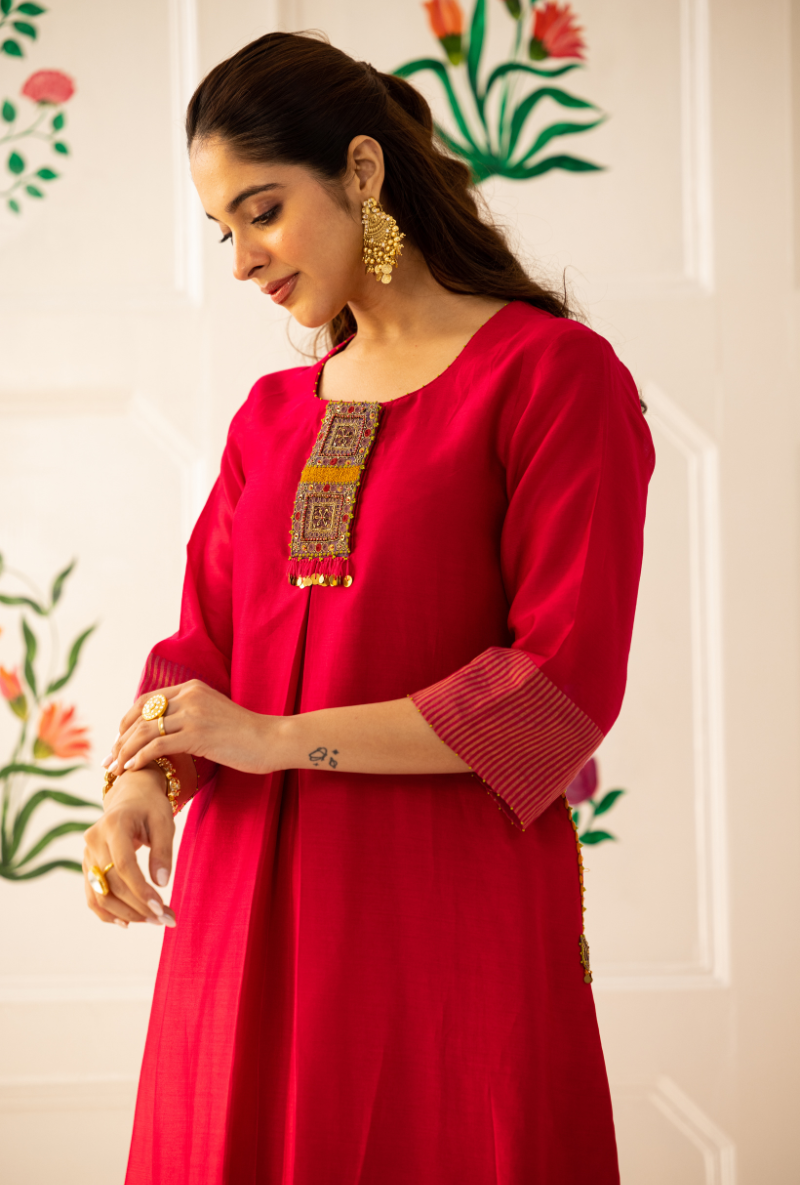 Pink Double Box Pleat Kishmish Kurta Set