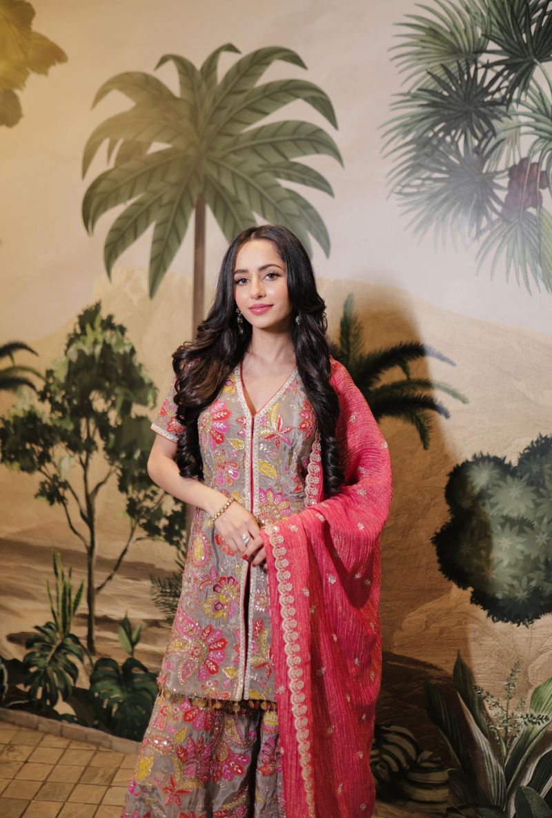 Soumya Puri in Grey All Over Printed Rumi Gharara Set