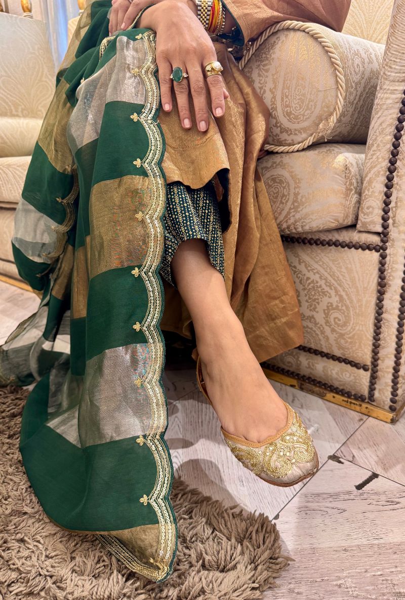 Meghna Nayyar in Gold Metallic Zardosi work Kainaat Anarkali Set
