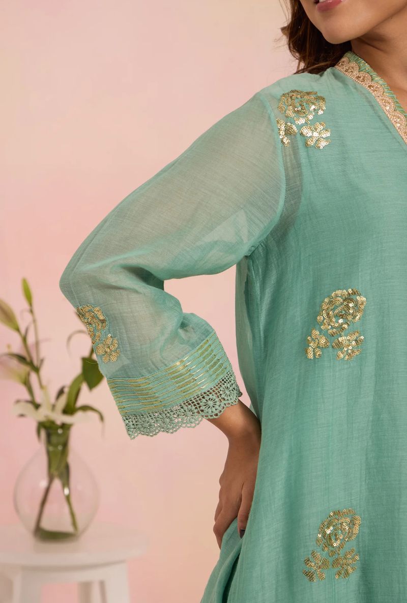 Aqua Sequin Embroidered Surily Kurta Set