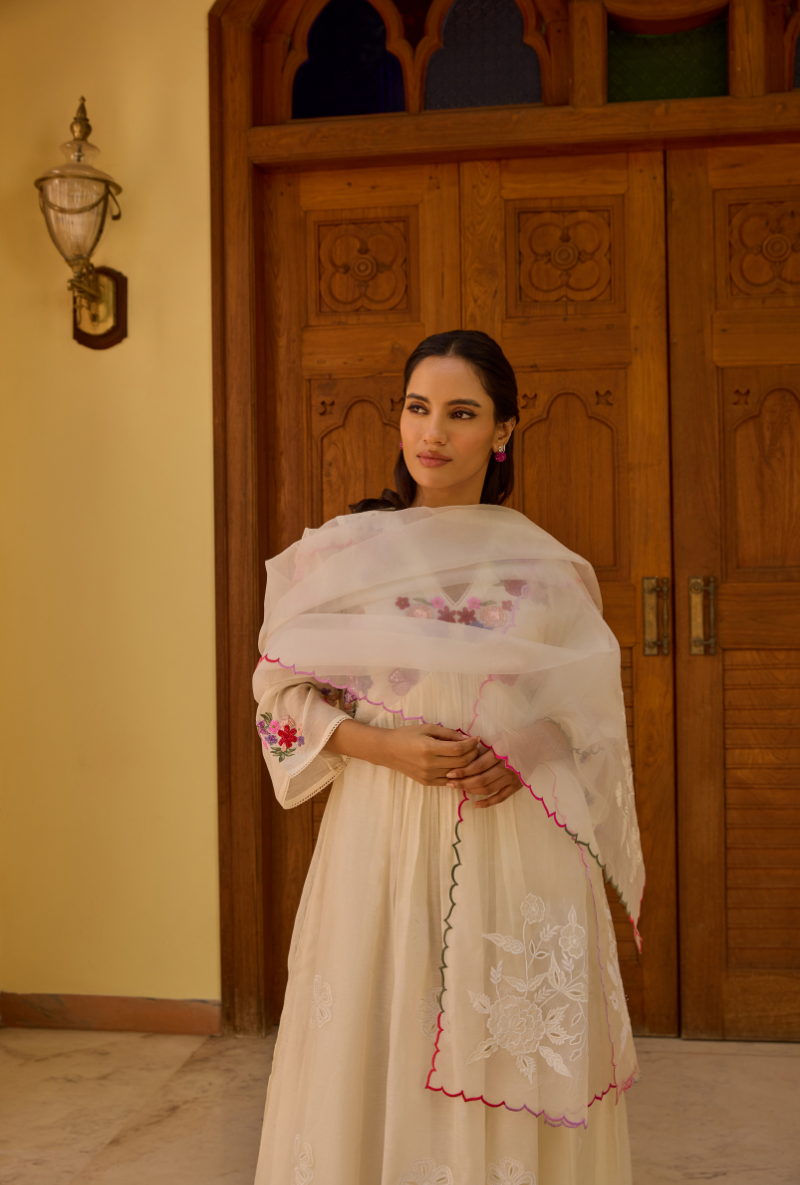 Ivory Hand Embroidered Kalidaar Anaardana Kurta Set