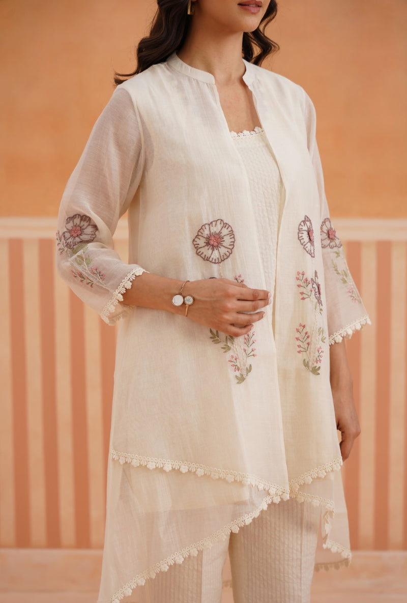 Off White High Low Embroidered Pehar Jacket Set