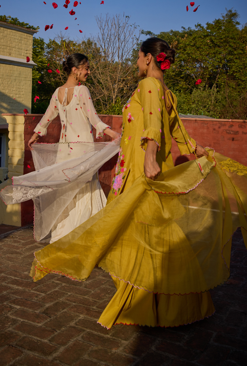 Mustard Hand Embroidery Cut Work Short Kurta Anaardana Gharara Set